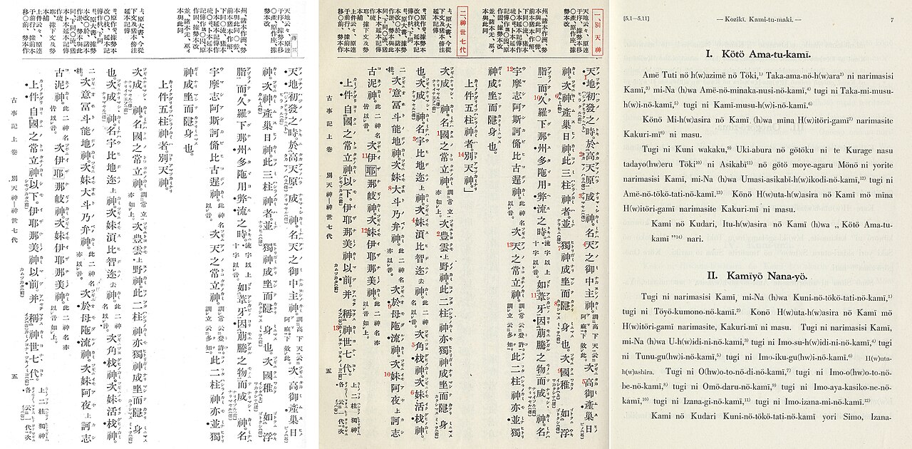 Printed pages of the Kojiki showing the original kanji text beside a romaji transliteration