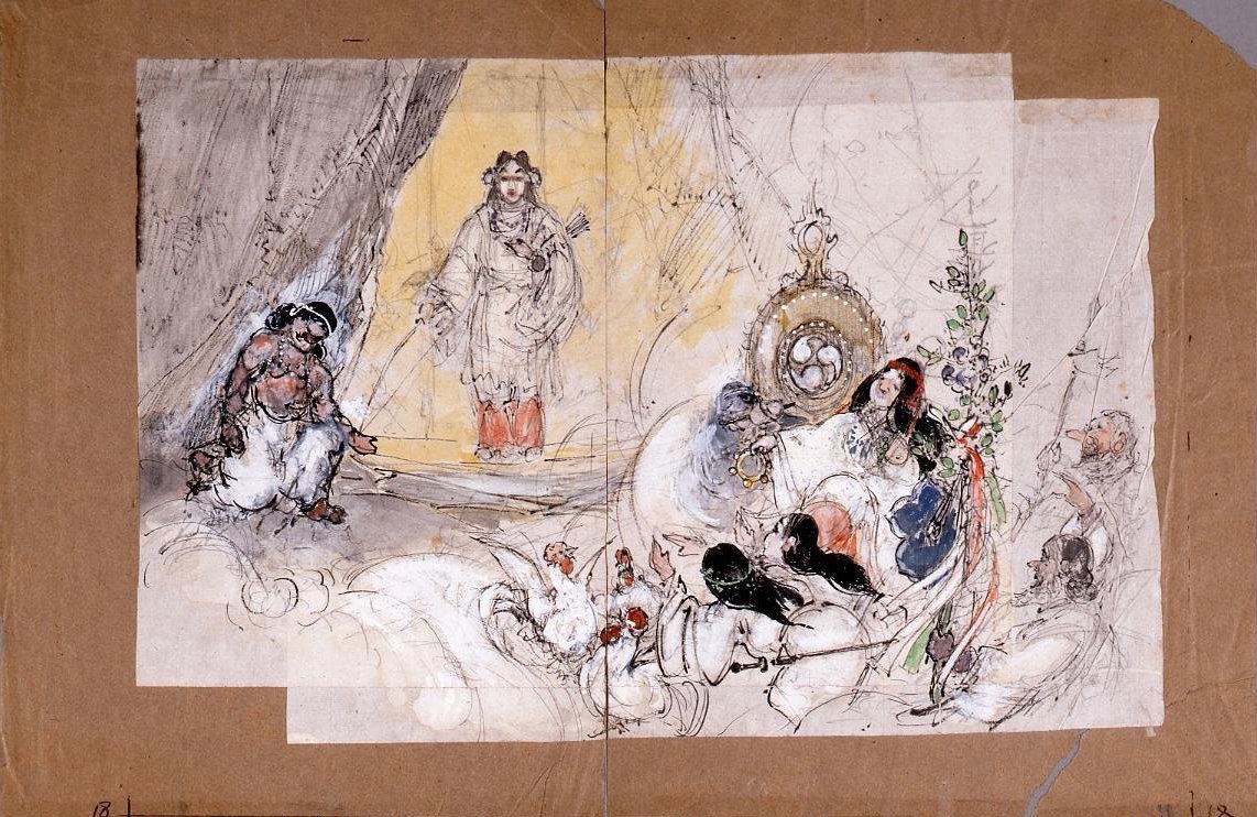 Kawamura Kiyoo sketch of Amaterasu stepping out of the heavenly rock cave into golden light