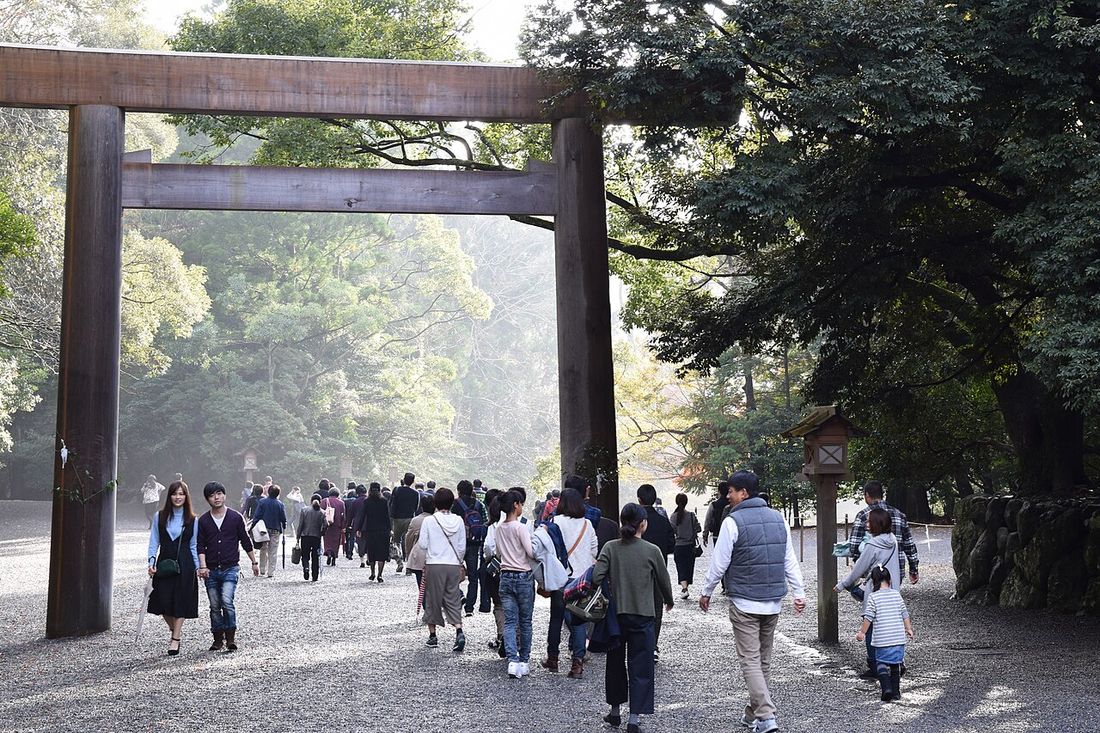 The great wooden torii on the approach to Naiku, the Inner Shrine of Ise Jingu