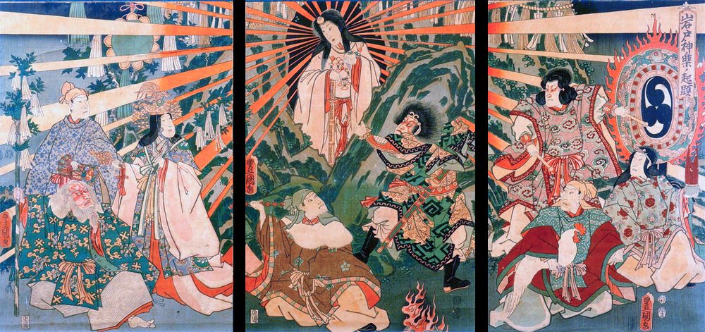Kunisada woodblock triptych of a radiant Amaterasu emerging from the rock cave