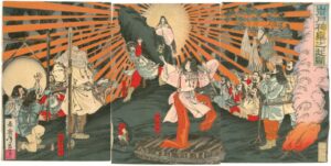 Woodblock triptych of the sun goddess Amaterasu emerging from a rock cave in bursting rays of light