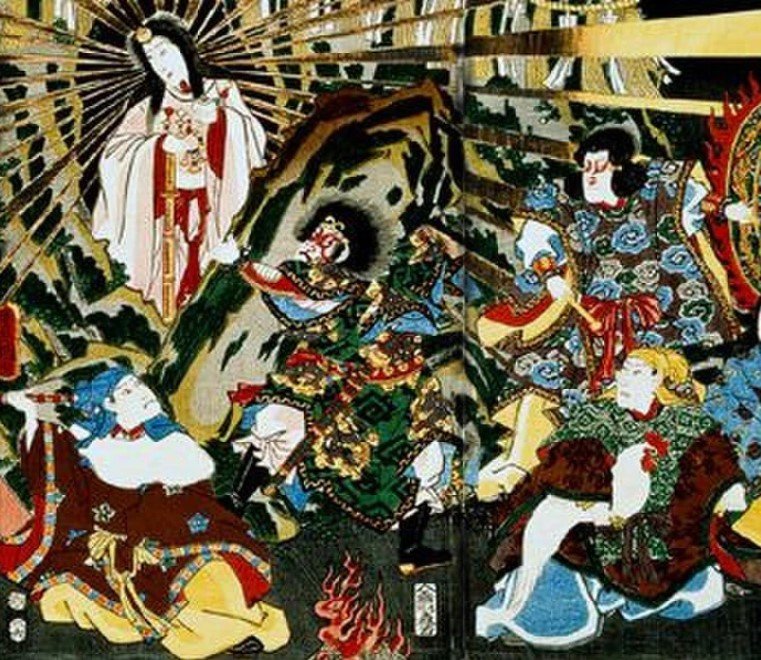 Painted panel of a radiant Amaterasu at the cave mouth with a white rooster held nearby