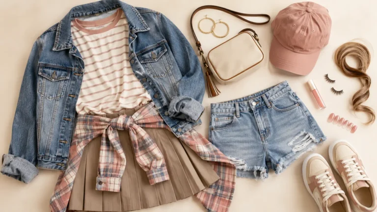 Flat lay of a denim jacket, striped tee, plaid shirt, pleated skirt, denim shorts, sneakers, pink cap and crossbody bag
