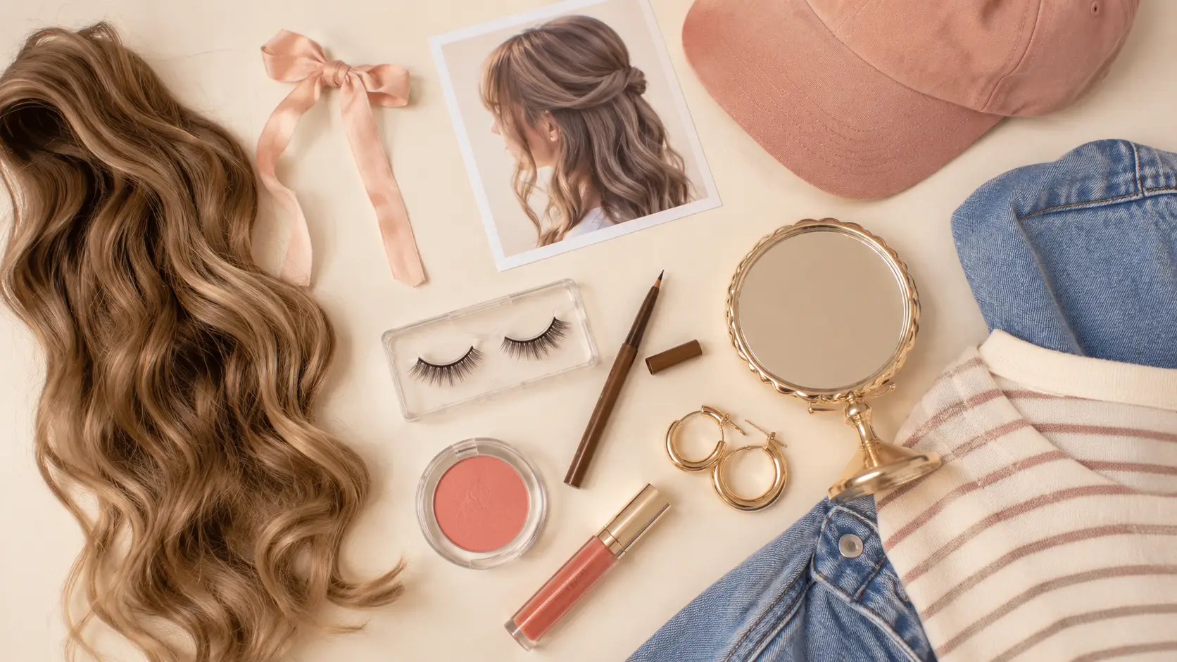 Loose curled hair, ribbon clip, false lashes, brown liner, blush, lip colour and hoop earrings beside a striped tee