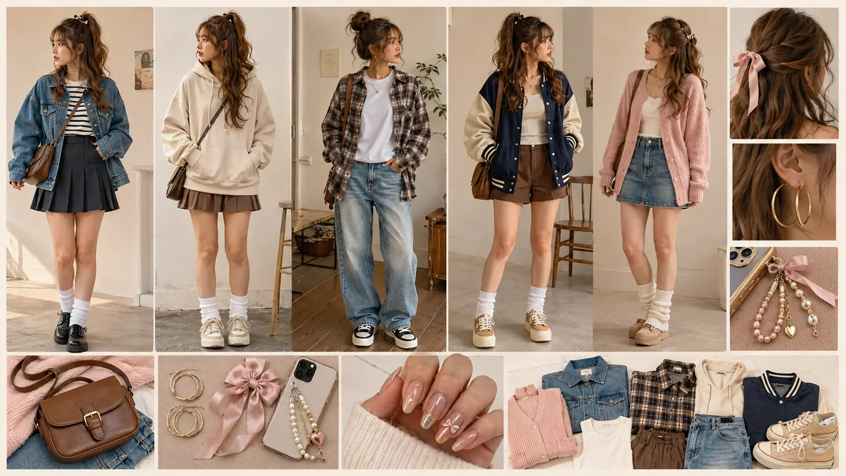 Five amekaji gyaru coordinates with denim jacket, hoodie, flannel, varsity jacket and cardigan outfits