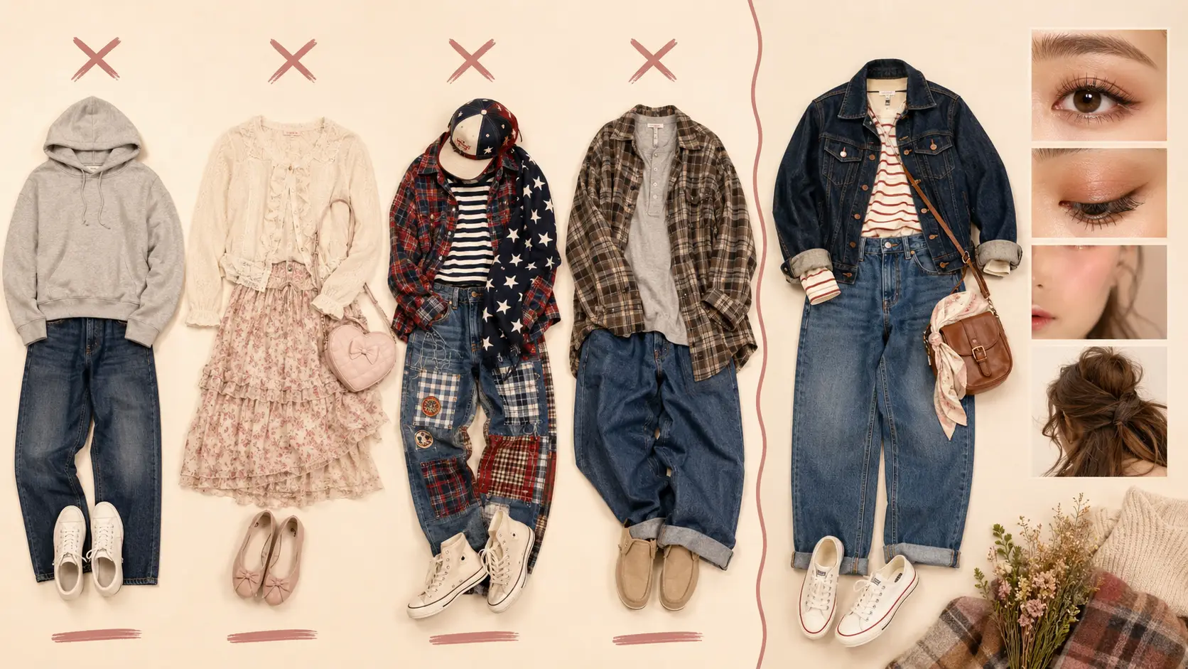 Four crossed out amekaji styling mistakes beside one correctly balanced denim and striped tee coordinate