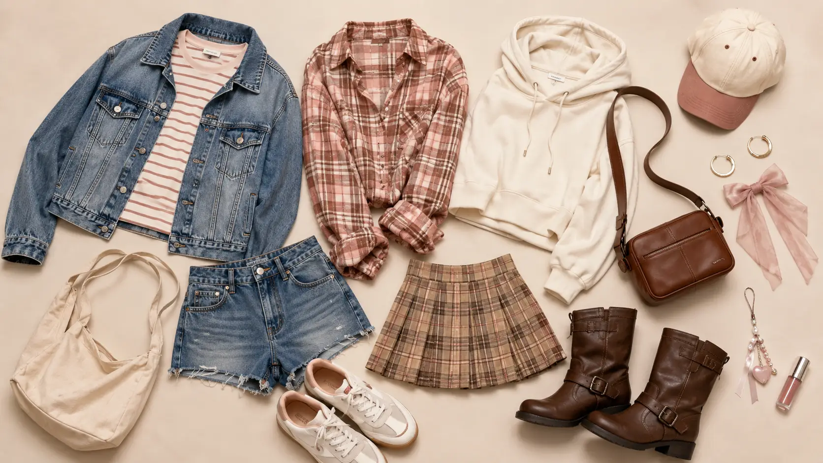 Amekaji gyaru wardrobe pieces including denim jacket, flannel, hoodie, plaid mini skirt, sneakers, brown boots and tote bag