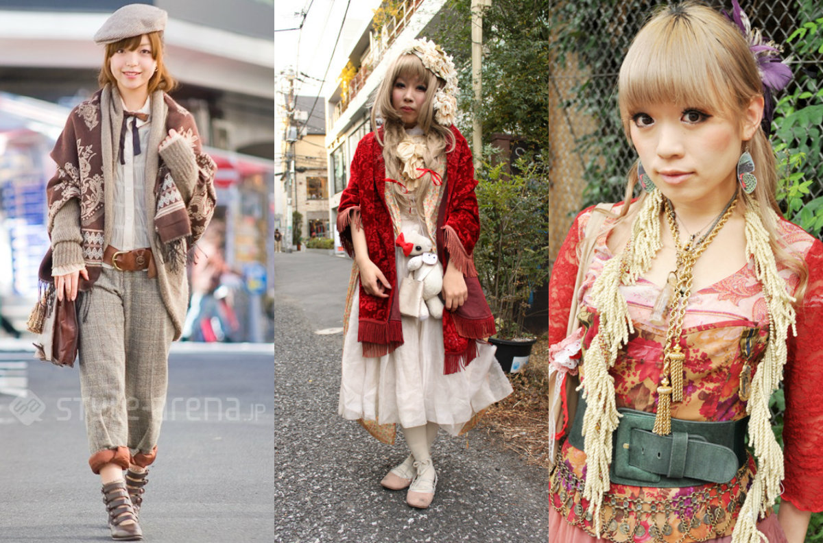 Three dolly kei street coordinates showing tasselled shawls, wide belts, clashing prints and layered necklaces
