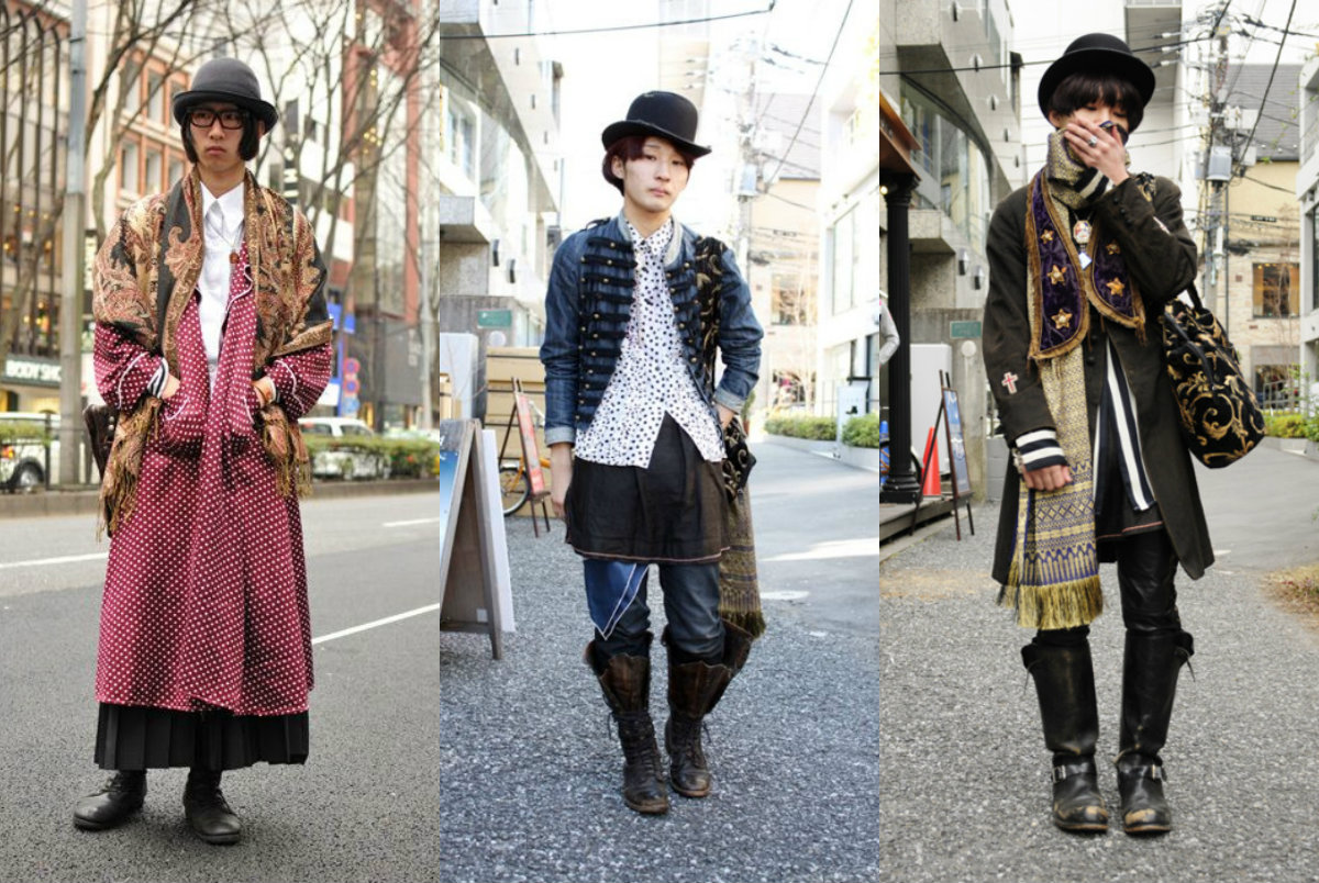 Three men in dolly kei street outfits with bowler hats, tapestry scarves, layered coats and boots