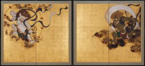 Gold folding screens showing Raijin with his drum ring and green-skinned Fujin holding a bag of winds