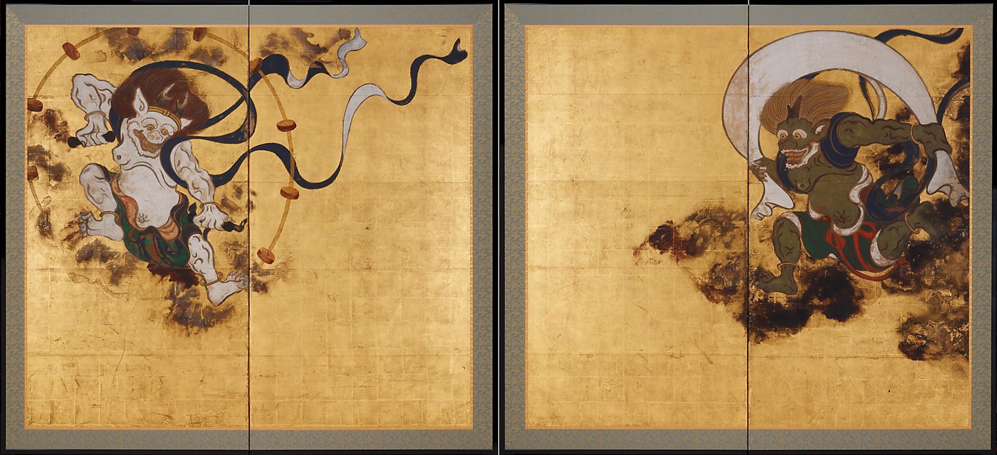 Gold folding screens showing Raijin with his drum ring and green-skinned Fujin holding a bag of winds