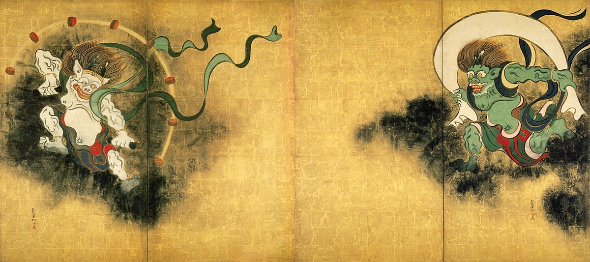 Ogata Korin folding screens with white Raijin at left and green Fujin carrying his wind bag at right