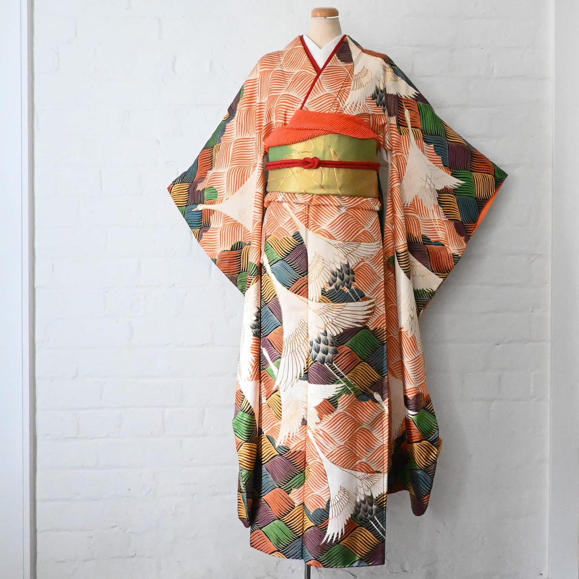 Vintage furisode kimono embroidered with a crane motif