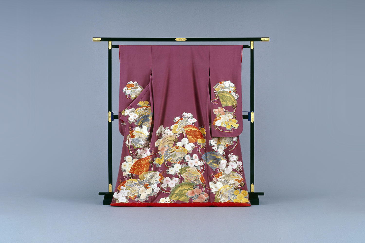 Replica furisode kimono displayed showing its long swinging sleeves