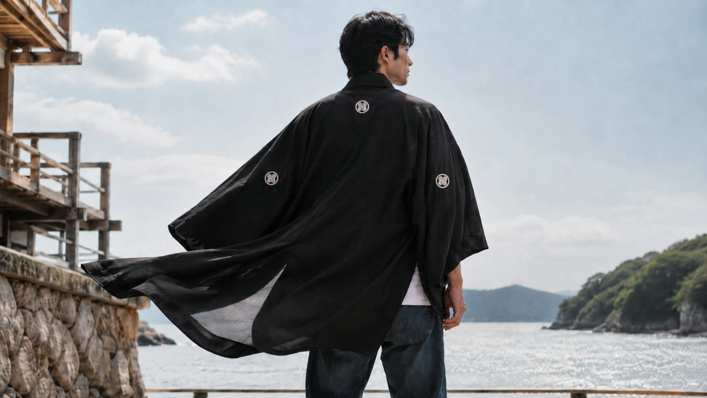 A formal black silk montsuki haori with a family crest