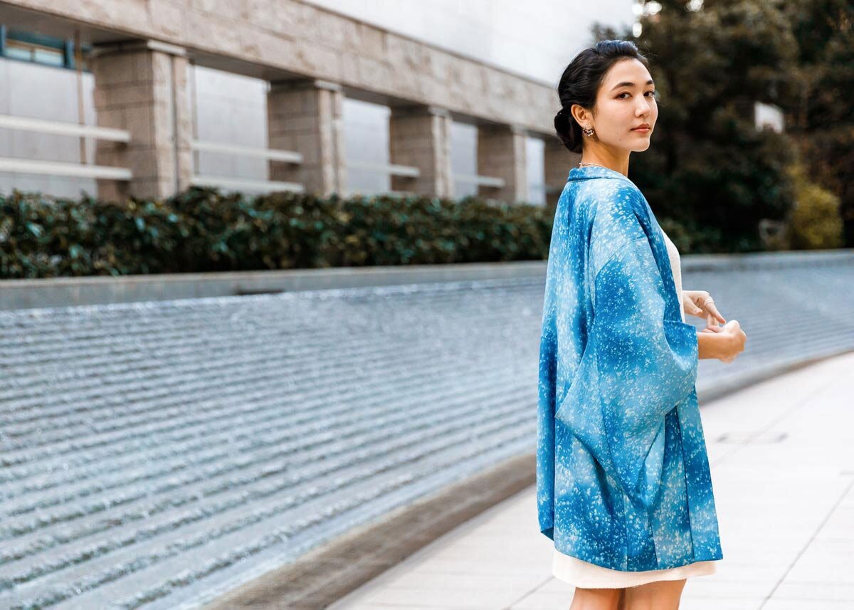 Vintage haori jacket with detailed woven pattern, an example of the outer layer worn over kimono