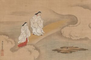 Nishikawa Sukenobu painting of Izanagi holding the heavenly jeweled spear beside Izanami above the sea