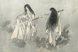 Ink painting by Kobayashi Eitaku of Izanami and Izanagi holding the jeweled spear Amenonuhoko above the sea