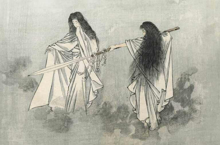 Ink painting by Kobayashi Eitaku of Izanami and Izanagi holding the jeweled spear Amenonuhoko above the sea