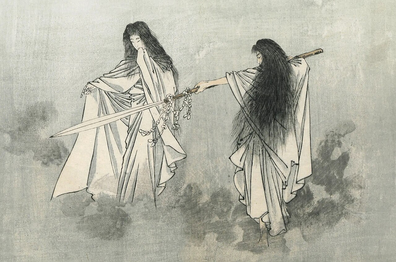 Ink painting by Kobayashi Eitaku of Izanami and Izanagi holding the jeweled spear Amenonuhoko above the sea