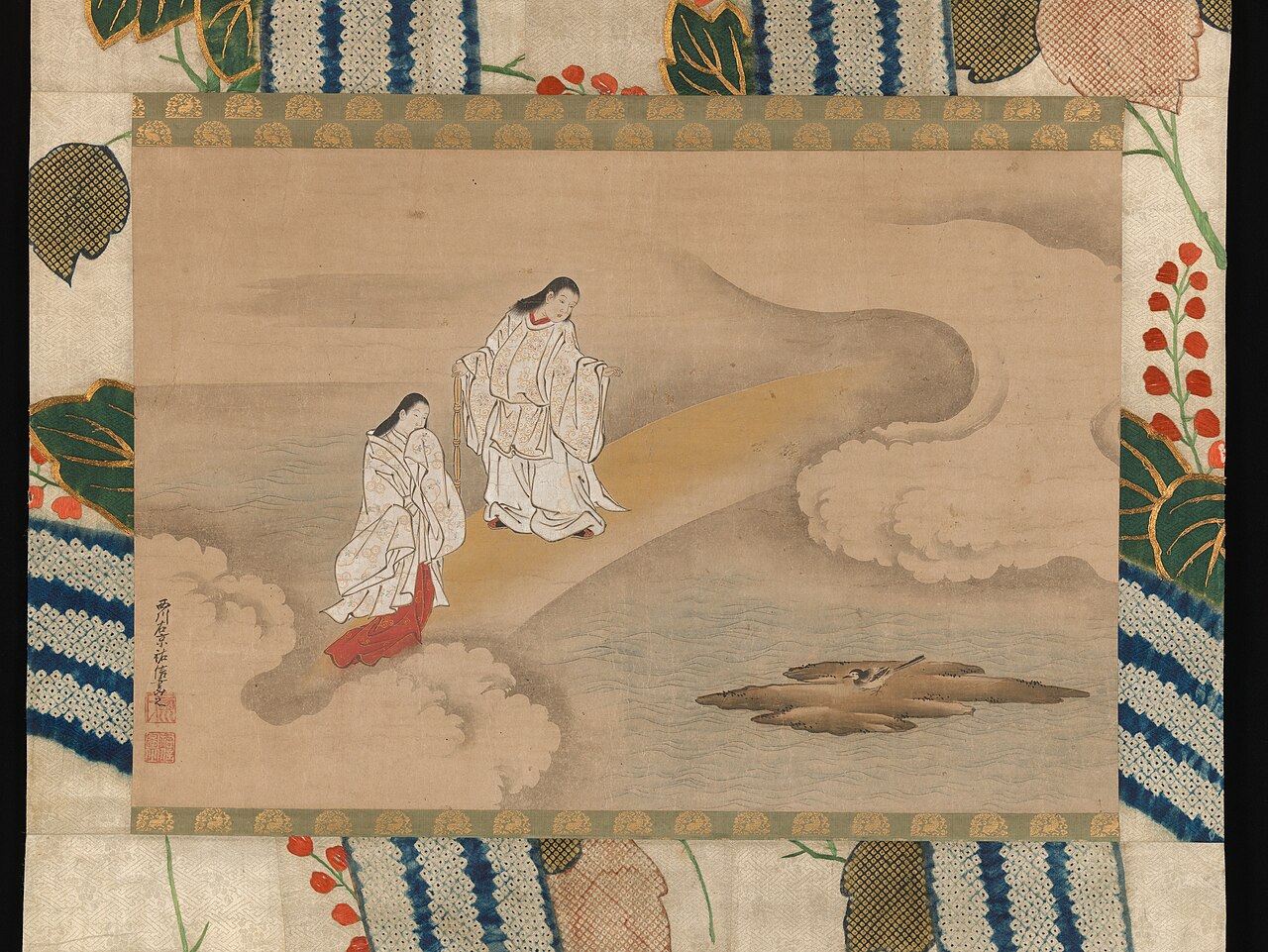 Edo period hanging scroll of Izanagi and Izanami standing above the sea as an island forms below them