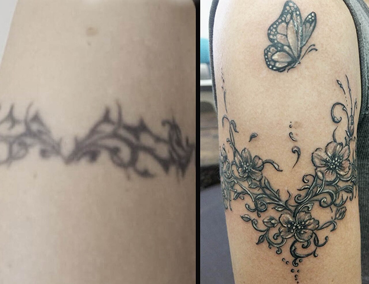Before and after photo of cherry blossoms and a butterfly tattooed over an older tribal armband