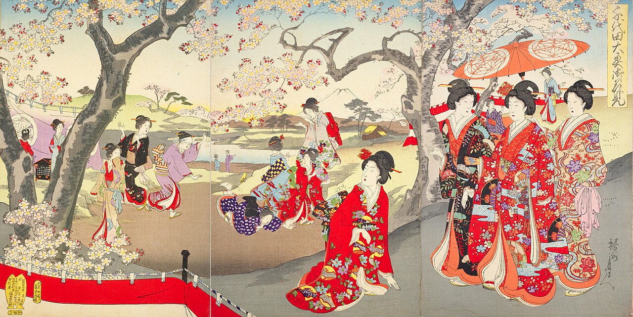 Edo period woodblock triptych of women in bright kimono viewing cherry blossoms during hanami