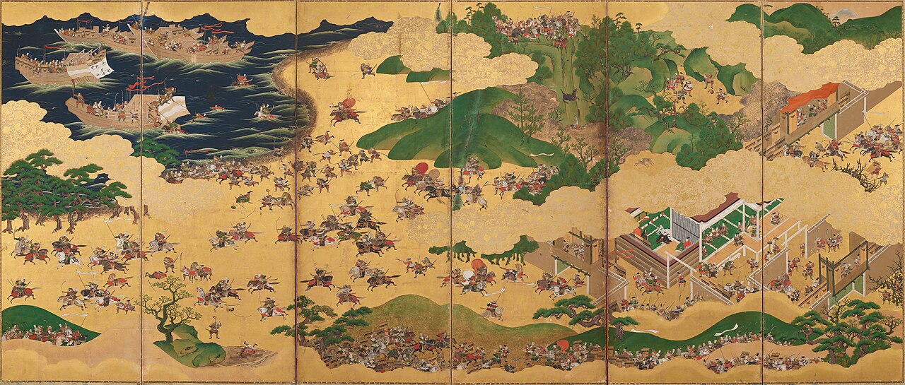 Kano School folding screen where gold and white cloud bands frame separate battle scenes