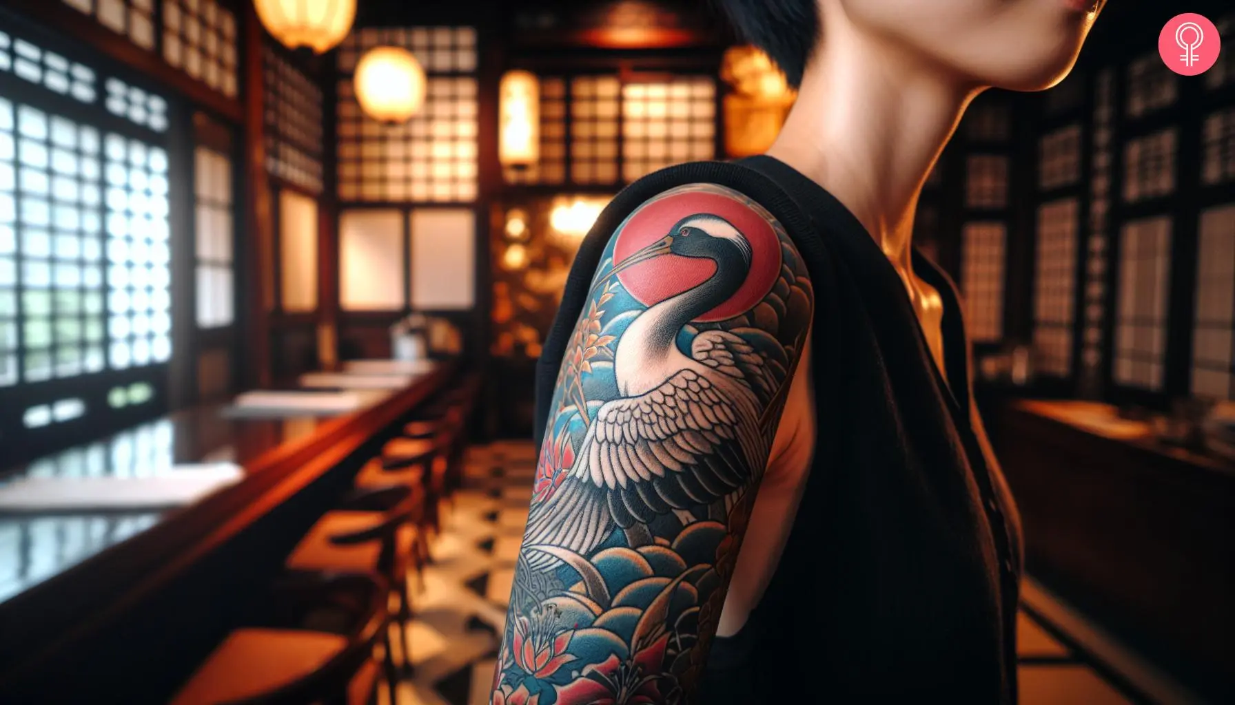 Japanese crane half-sleeve tattoo with a red sun disc, stylized waves and pink blossoms on an upper arm