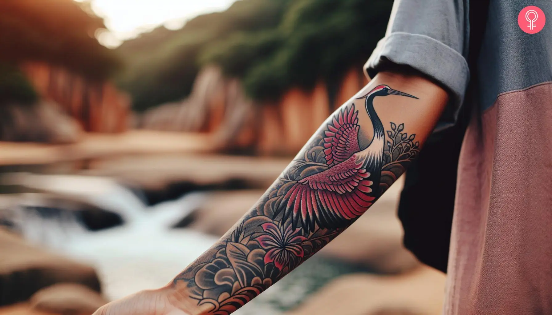 Crane tattoo in flight across a forearm with red wings, dark clouds and blossoms below