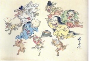 Painted yokai including fox headed spirits, a long haired woman and animal creatures parading across pale silk