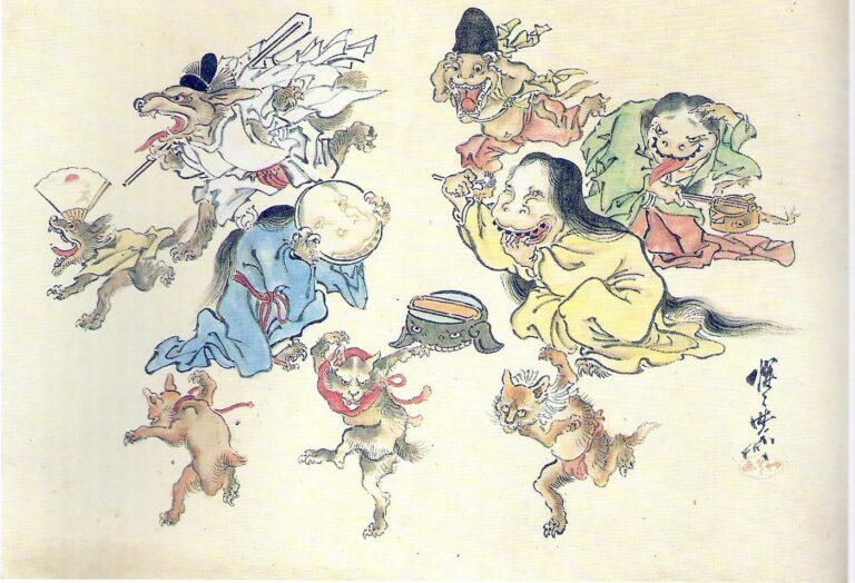 Painted yokai including fox headed spirits, a long haired woman and animal creatures parading across pale silk