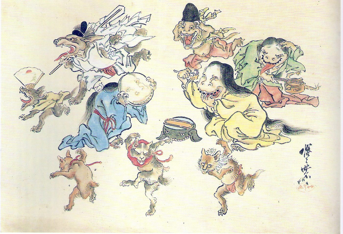 Painted yokai including fox headed spirits, a long haired woman and animal creatures parading across pale silk