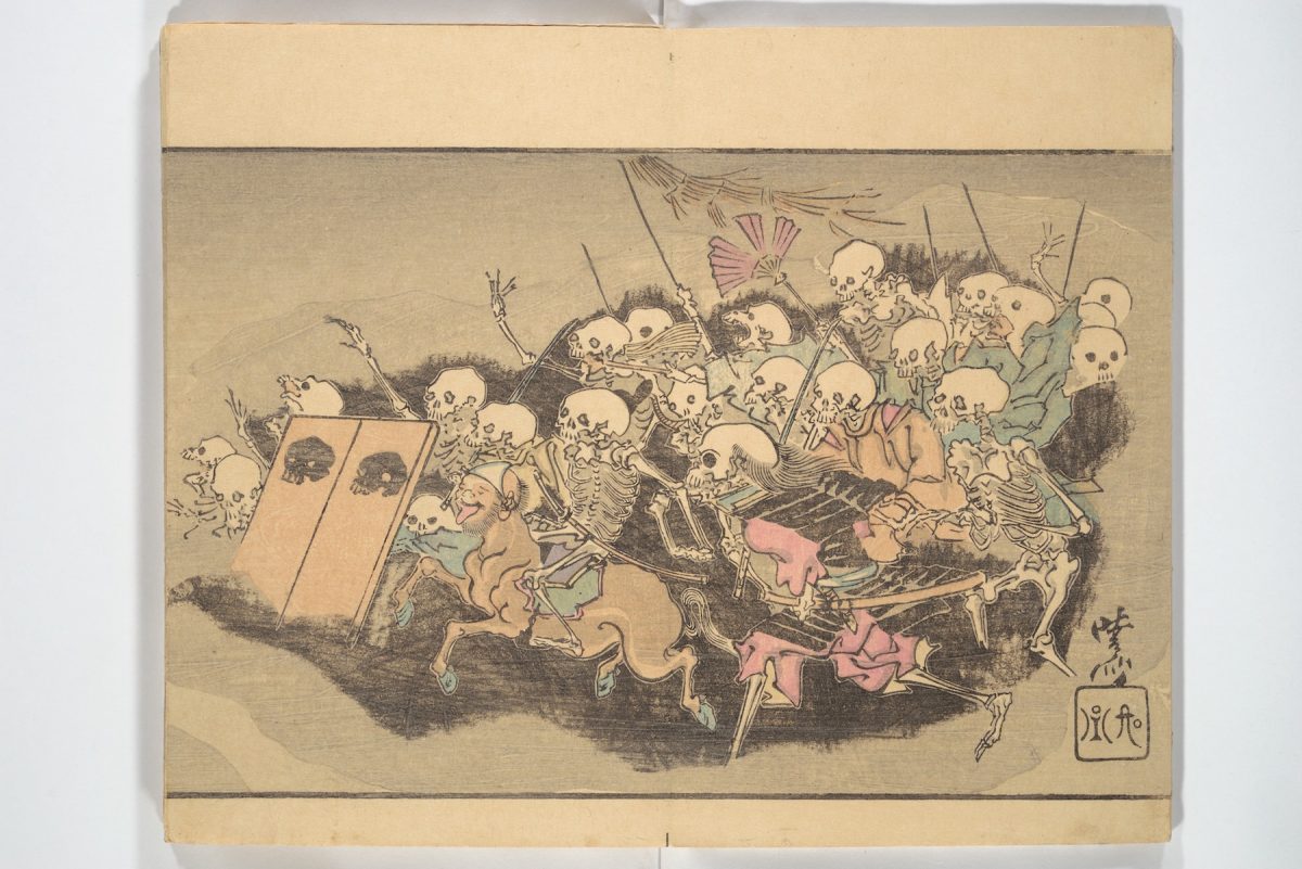Woodblock print of an army of skeletons carrying banners and weapons across a dark field