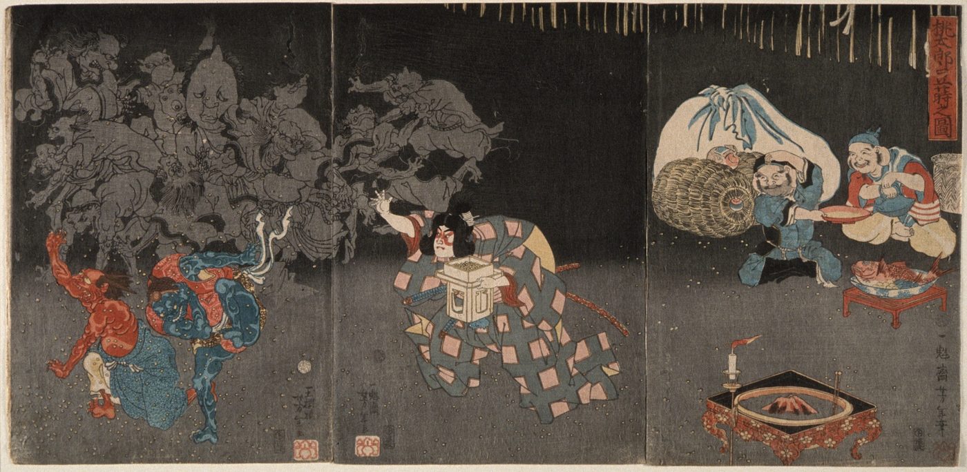 Woodblock triptych of the hero Momotaro confronting a red oni and a blue oni among shadowy spirits