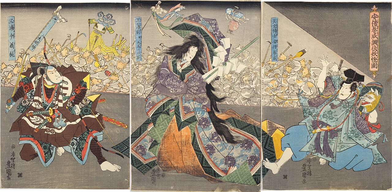 Ukiyo-e triptych by Utagawa Kunisada showing Abe no Yasunari revealing the nine-tailed fox spirit