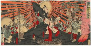 Ukiyo-e print of Amaterasu emerging from the cave as assembled kami watch and Ame-no-Uzume dances