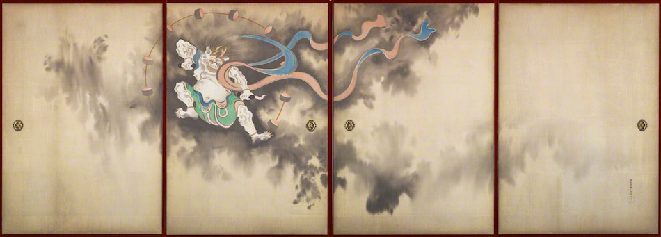 Folding screen painting of the thunder god Raijin with his ring of drums in dark clouds