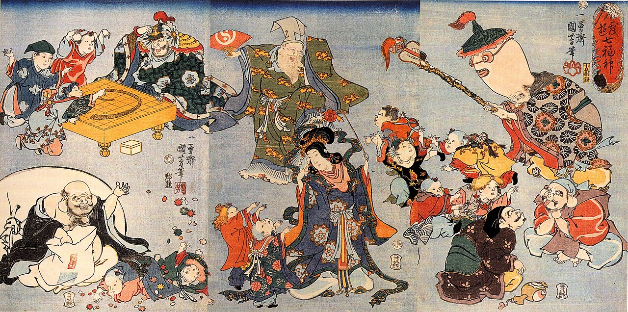 Kuniyoshi woodblock triptych showing the Seven Lucky Gods with children