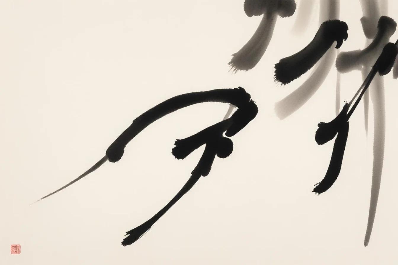 Close-up of thick black Japanese brush calligraphy strokes on off-white paper with a small red seal