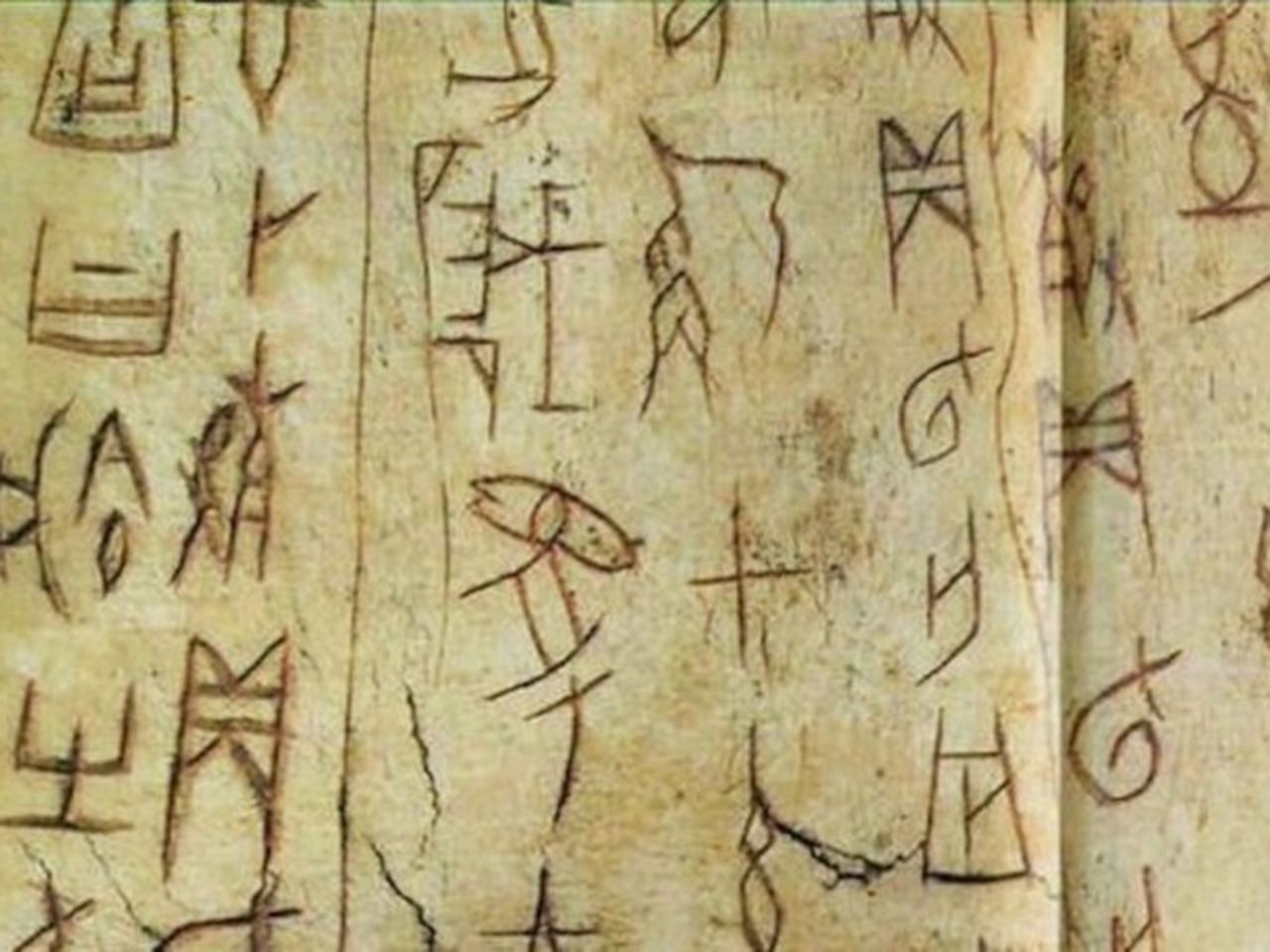 Ancient Chinese oracle bone script characters carved in vertical columns into a pale bone surface