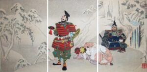Woodblock print triptych of two samurai in red and blue lacquered armor standing in a snow-covered mountain landscape