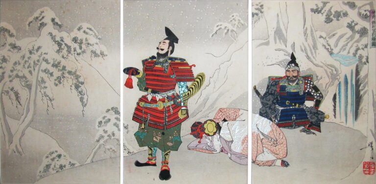Woodblock print triptych of two samurai in red and blue lacquered armor standing in a snow-covered mountain landscape