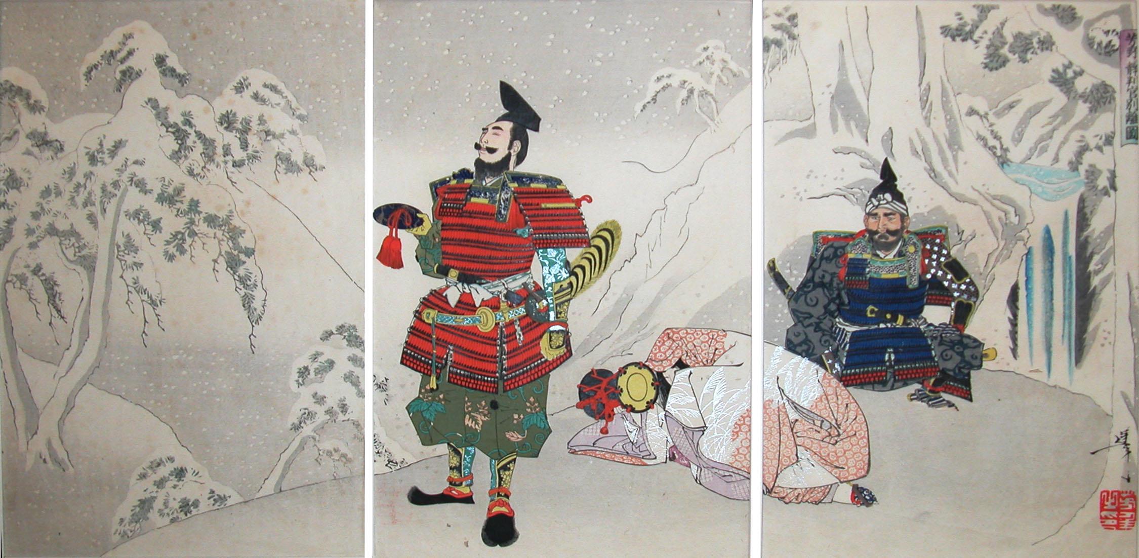 Woodblock print triptych of two samurai in red and blue lacquered armor standing in a snow-covered mountain landscape