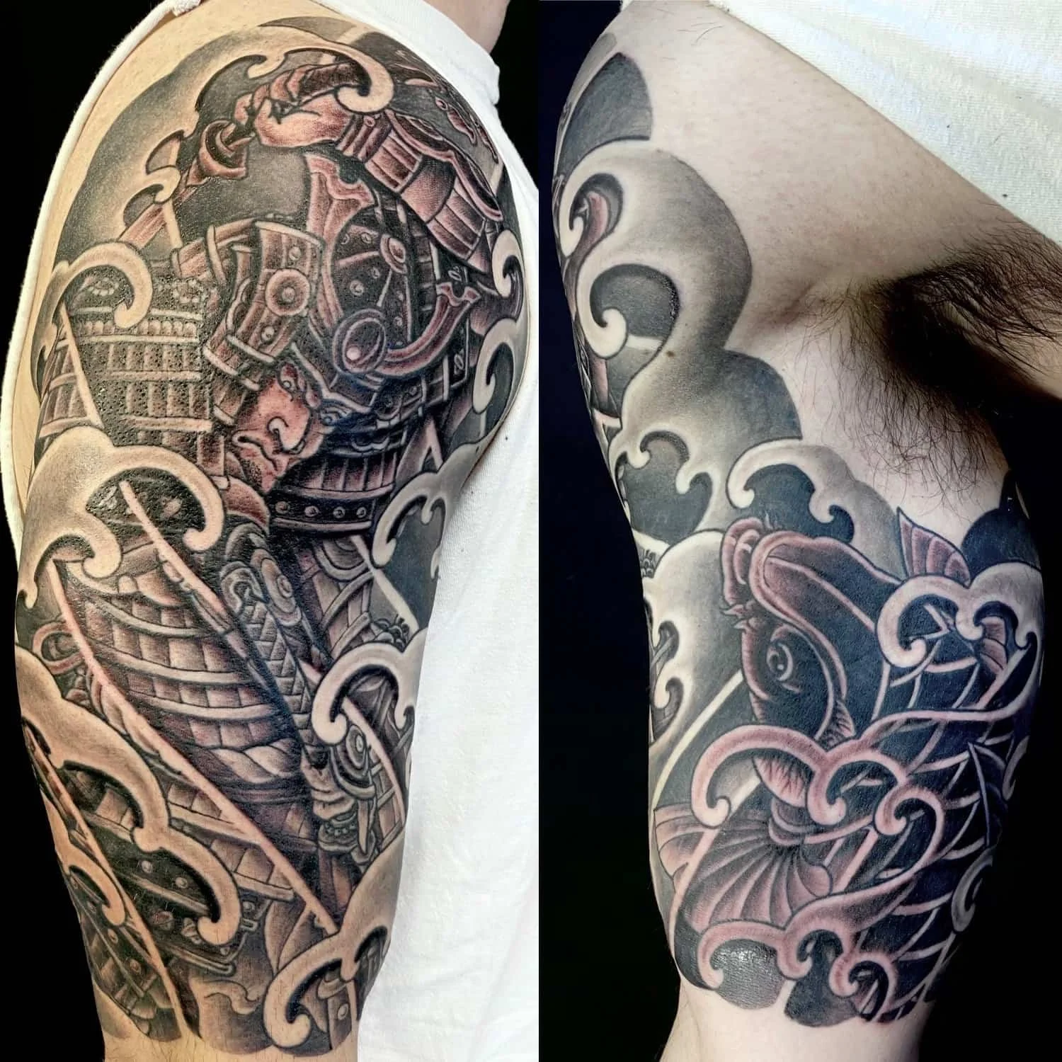 Black and grey half sleeve tattoo of a samurai in full armor with a koi fish and stylized waves wrapping the lower arm
