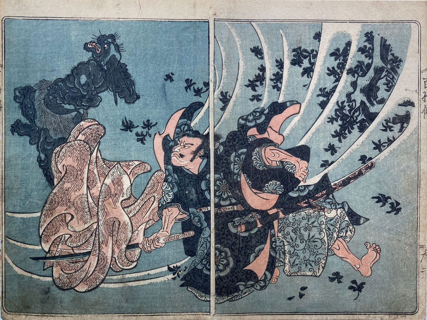 Woodblock print of a swordsman in a dark patterned robe confronting a shadowy demon among swirling wind and leaves