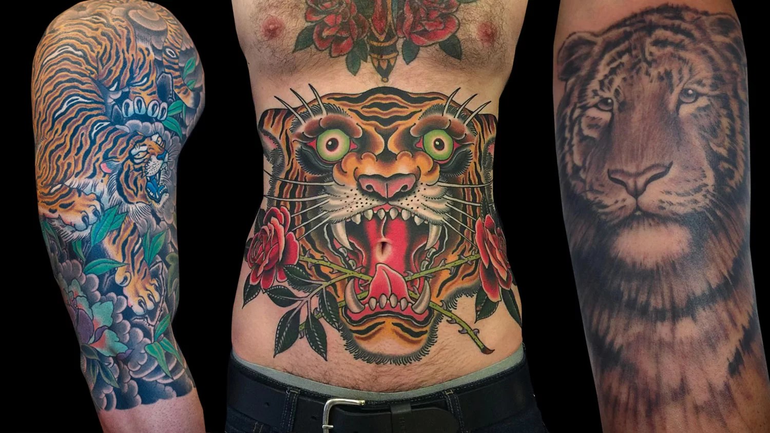 Traditional Japanese-style tiger tattoos on the arm and torso, a common strength symbol in irezumi