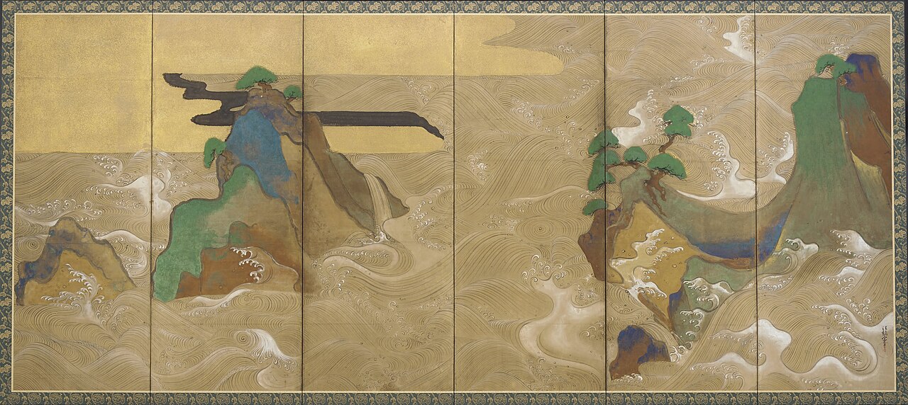 Six-panel gold-leaf folding screen painted with swirling silver waves, pine-topped rocky islands and drifting cloud bands
