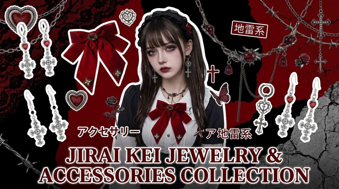 Collection of jirai kei jewelry and accessories including chokers, heart charms, and bows