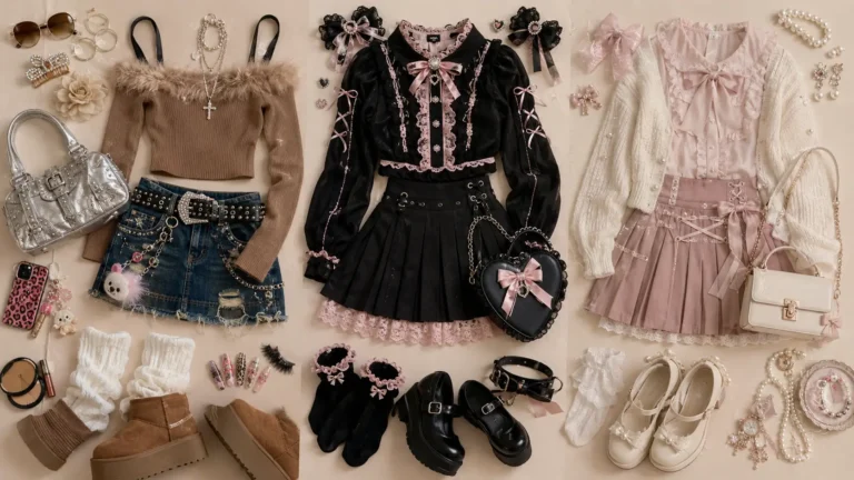 Three flat lay coordinates side by side, with a black and pink jirai kei outfit in the center between a gyaru and a ryosan-gata coordinate